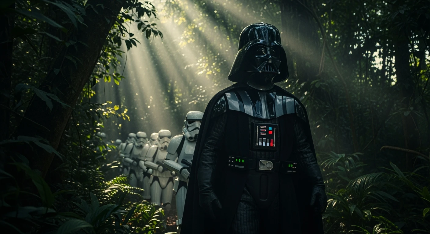 cinematic still, Closeup shot, amazon jungle, well lit scene, Darth Vader around stormtroopers is exploring the jungle, captured by arri alexa emoji