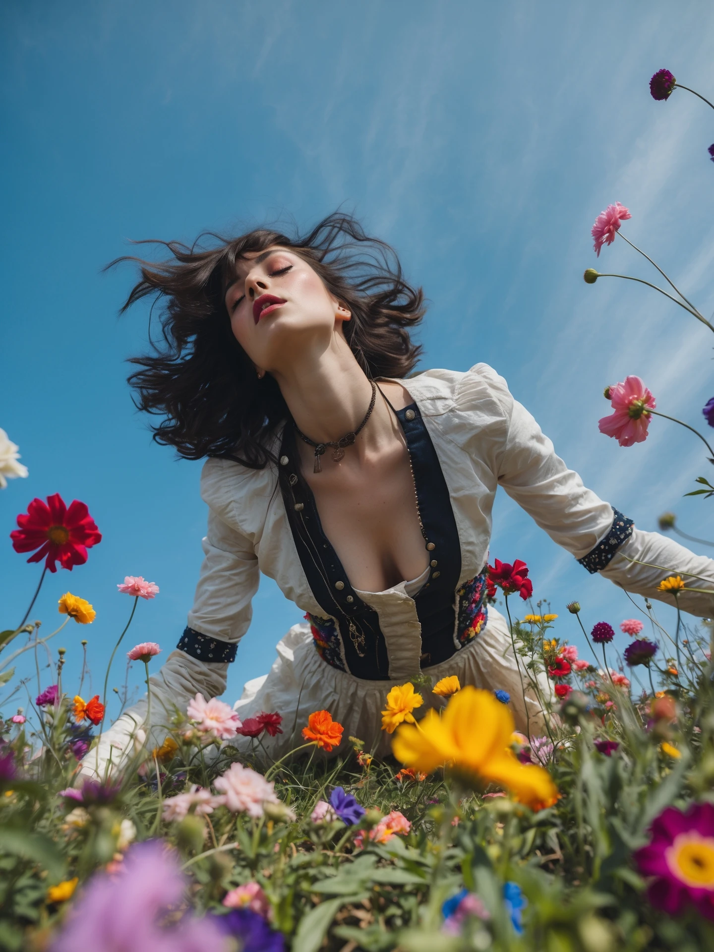 Closeup photo of a woman falling down (almost hit the ground) around colorfull flowers wearing alternative fashion, blue sky minimalistic background emoji