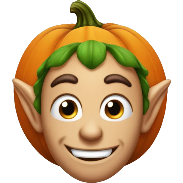 Elf with a pumpkin head, carved smile face on the pumpkin, leaves in hair, Halloween theme, emoji emoji