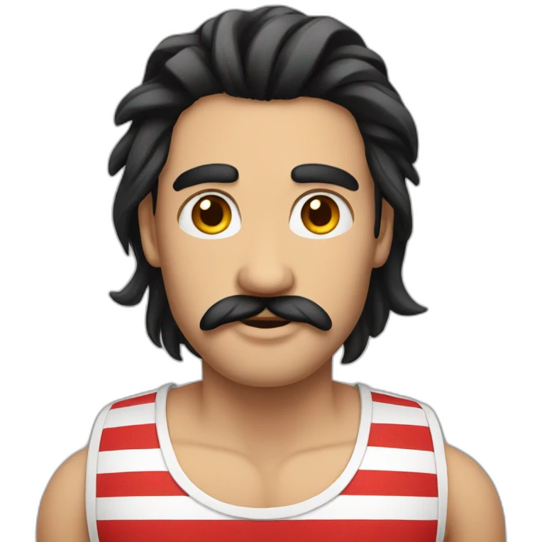male with long black hair, moustache and striped black and red tank top emoji