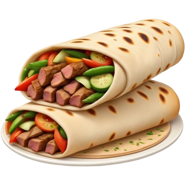 Cinematic Realistic Shawarma Dish Emoji, showcasing spiced, succulent meat wrapped in flatbread with fresh vegetables rendered with lifelike detail and dynamic, appetizing lighting. emoji