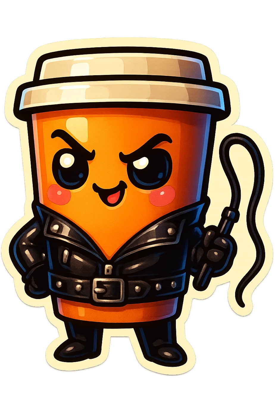 Tall coffee cup, dressed in leather holding a whipping crop, mischevious, emoji
