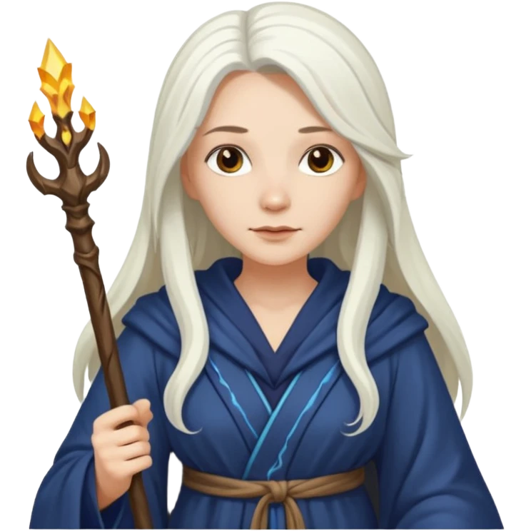 White Long Haired Women, Sorceress with staff — flowing white hair, calm face. emoji