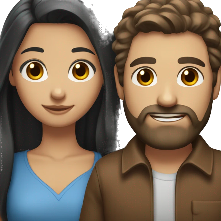 happy couple: girl with long black hair and blue eyes standing next to a man with brown hair and brown beard brown eyes emoji