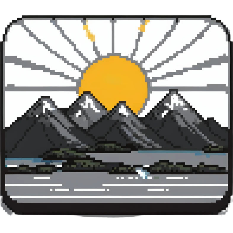 A pixel art icon with a gray rectangle, rounded corners, white sub-rectangle with black border, black mountains, sun, and four gray stripes. emoji
