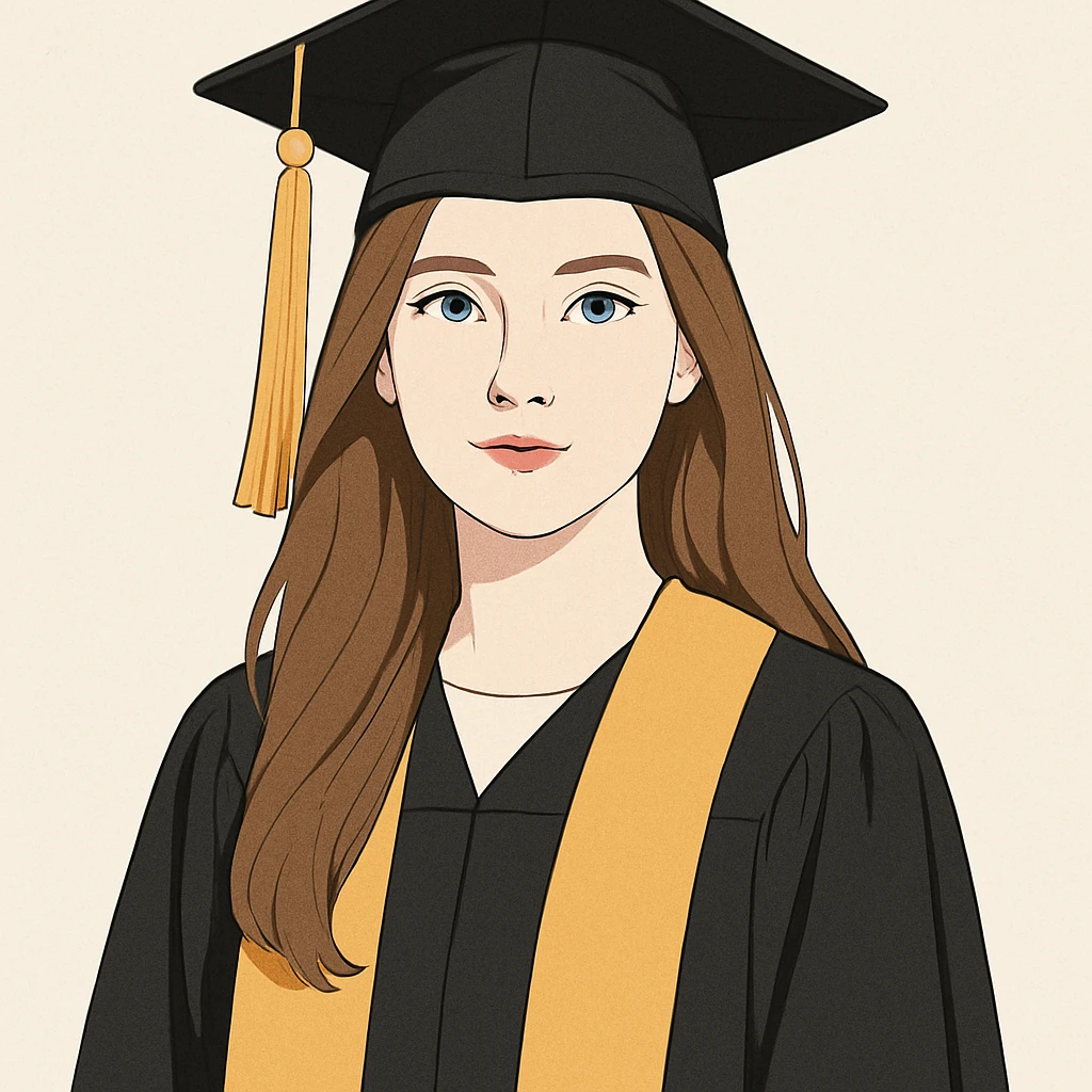 light brown haired girl with long hair, blue eyes, and pale skin wearing graduation regalia, clean modern illustration style emoji