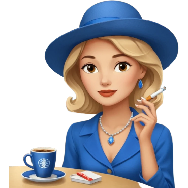 a woman with a slight smile smoking a cigarrette while holding a blue hardcover of Anna Karenina by Liev Tolsoi in a cafeteria full of queer people being nice and ordering specialty coffee from nigeria emoji