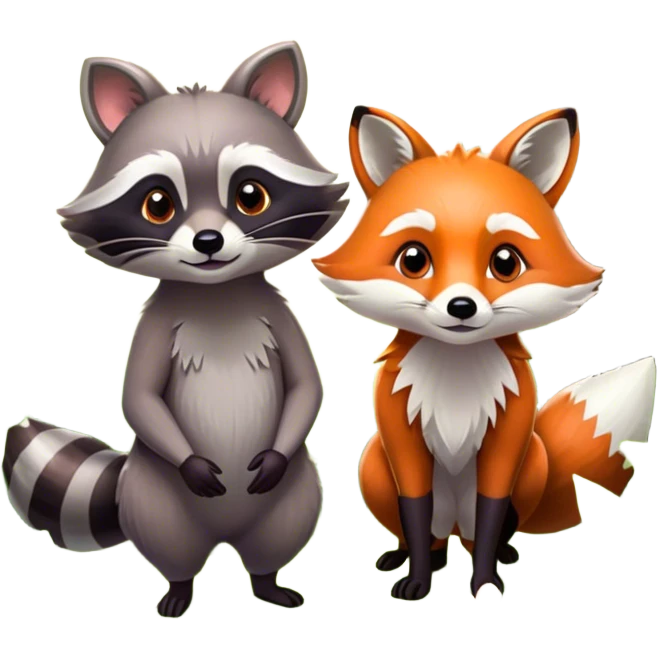 Collage of a raccoon and a fox, in close-up, set in a beautiful forest with tall trees, green bushes, and sunlight filtering through the leaves and flowers. Both animals look curious and playful. A vibrant, wild atmosphere with a transparent background. emoji