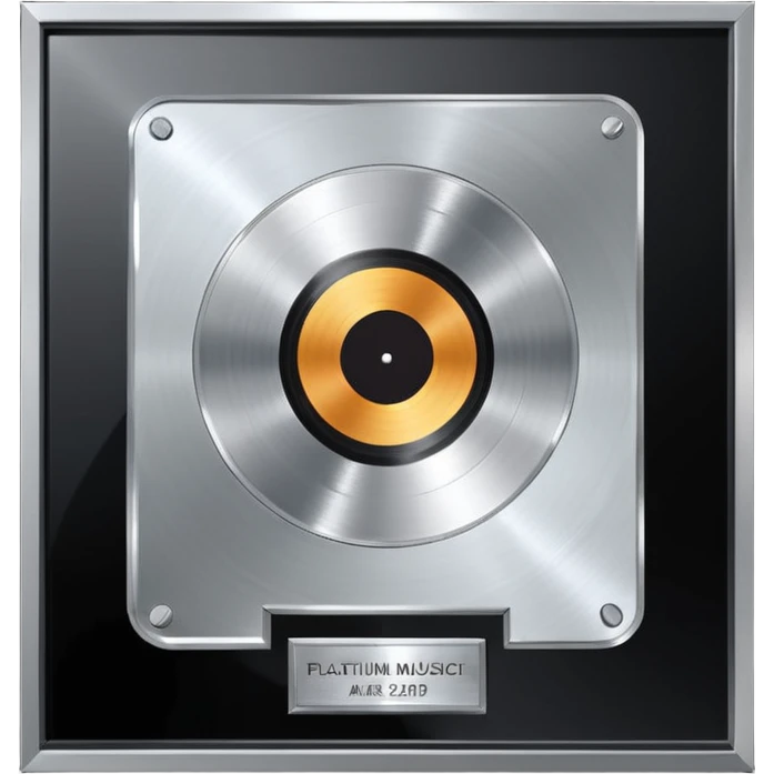 A platinum music award plaque: a square, polished platinum plate with a subtly textured, mirror-like finish, mounted on a simple dark metal base. The center features a relief of a or stylized vinyl record in a slightly darker metallic tone.  emoji