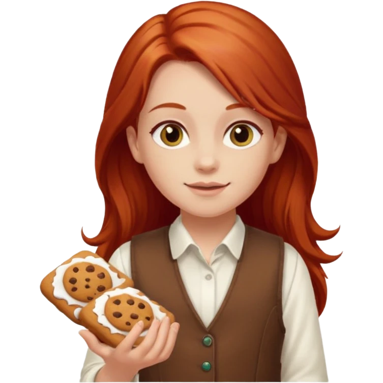white girl scout with red long hair selling cookies with a brown vest and white shirt under vest. She should be around 10 years old emoji