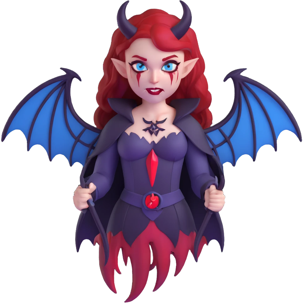 extremely diabolical demon girl with massive bat wings, blood red hair, sinister glowing blue eyes, dark hellish aura, sharp horns, fangs, pentagram emoji