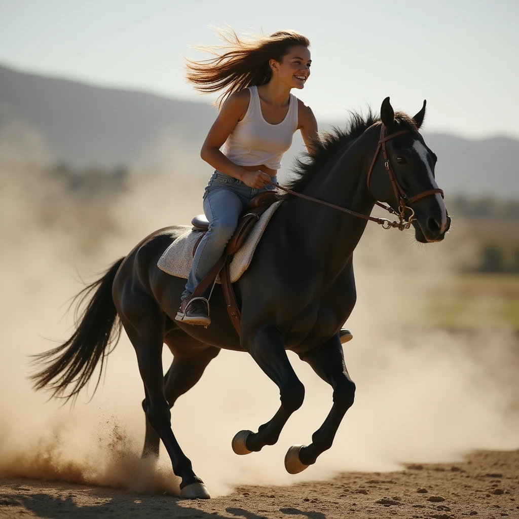 photorealistic young woman with flowing brown hair galloping bareback on a black horse, energetic, no background emoji