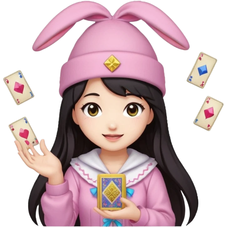 pixel art chibi asian girl with dark long hair in pink bunny hat magical girl with kawaii tarot cards thrown in air pixel emoji emoji