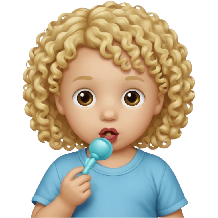 Close-up, curly blonde-haired toddler, pacifier emoji