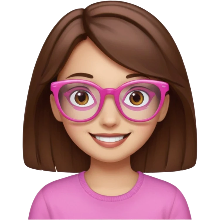 girl with medium brown hair and brown eyes, wearing pink glasses, smiling emoji