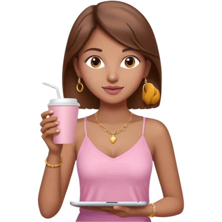 a pretty fair indian bratz girl with brown hair. with a pink cami top, drinking takeaway brown coffee, golden dainty necklace and carrying a white macbook emoji