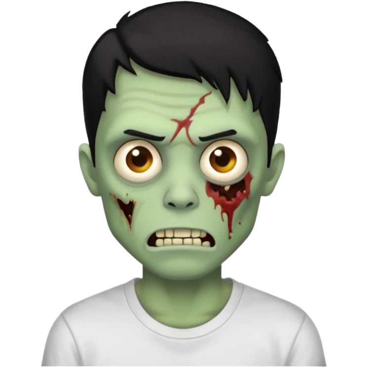 Rosto de frente classico de zombie boca meio torta cabelos medios pretos low fade com pele verde clara camiseta branca emoji