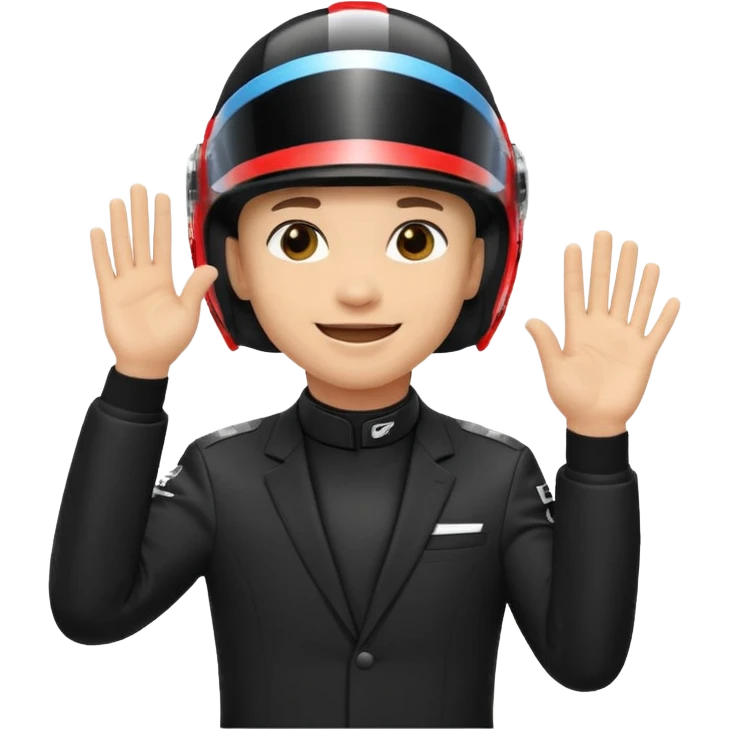 A red-bull f1 driver wearing the f1 black suit and helmet raising his hand as he celebrate emoji