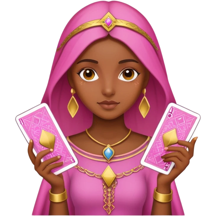 brown girl with pink pink tarot gold cards emoji