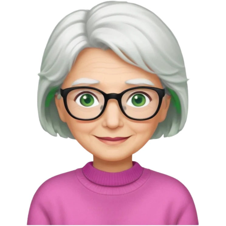 White hair grandma, green eyes, hair to shoulder, lokeg black glasses, rectangles face, smile , emoji