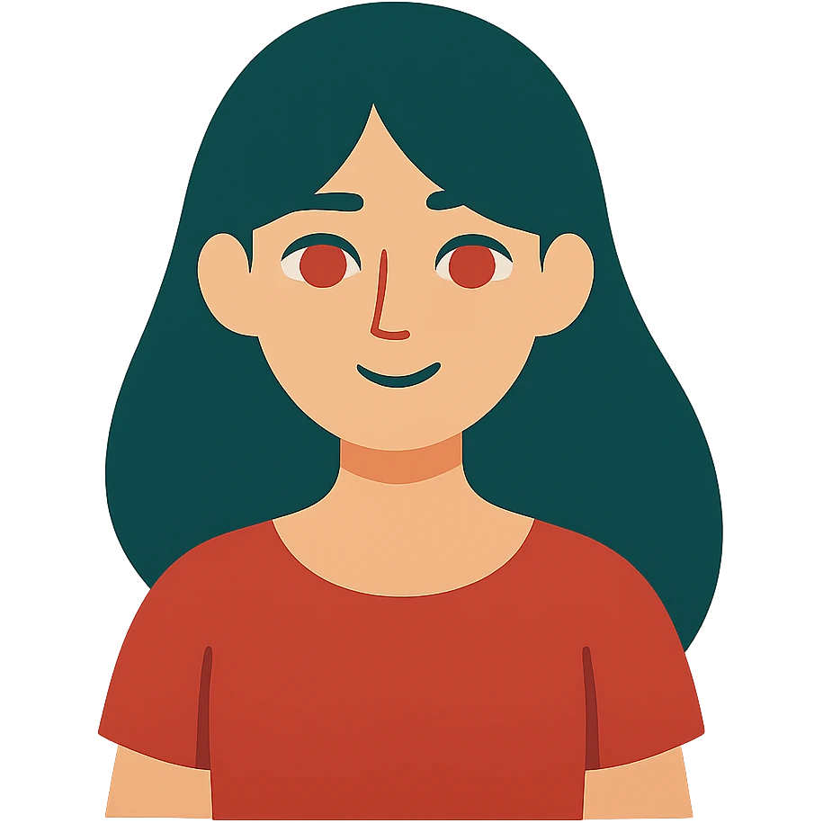flat design style girl with dark green hair, red eyes, and a red dress emoji