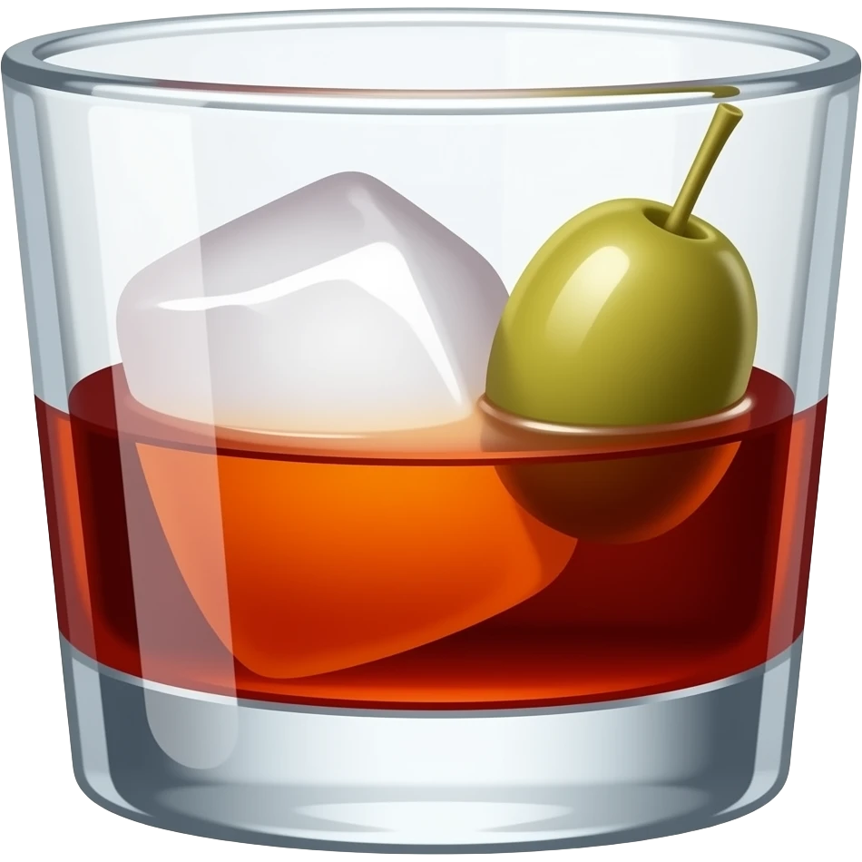 A short whiskey glass with dark red vermouth, a big block of ice and an olive emoji