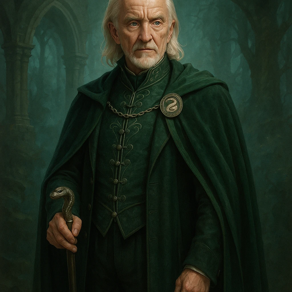 aged Draco Malfoy, distinguished, silver hair, cane, Slytherin colors, fantasy character emoji