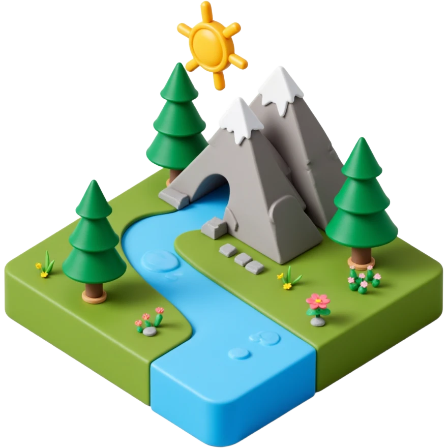 mountains with river flowing and sun emoji