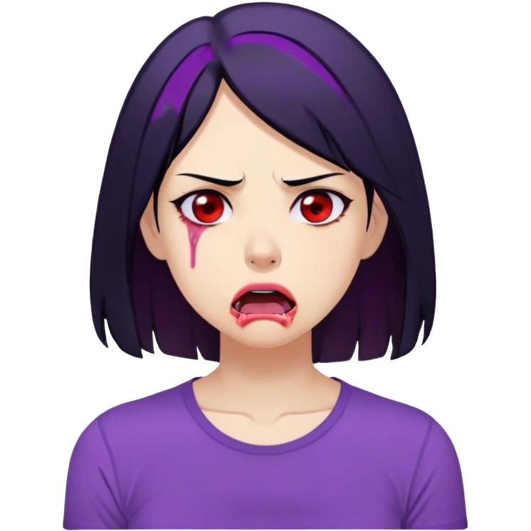 A cartoon-style digital illustration of a woman with shoulder-length black hair, wearing a purple shirt. She has an exhausted and dehydrated expression, with red, bloodshot eyes, a dry, sticking-out tongue, and a single sweat drop on her cheek. The character looks fatigued, as if suffering from heat exhaustion or dehydration. The background is plain white emoji