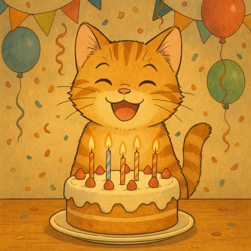 ginger tabby kitten with birthday cake, festive decorations, happy expression, ghibli style birthday scene emoji
