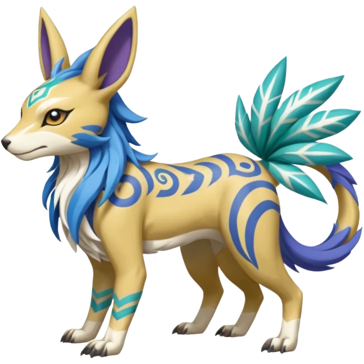 Tropical Tiny Marked Patterned Tribal Colorful Skilled Adept Graceful Asian Painted WereGarurumon-Suicune-Linoone-Meloetta-Renamon-fusion-hybrid-creature (full body) emoji