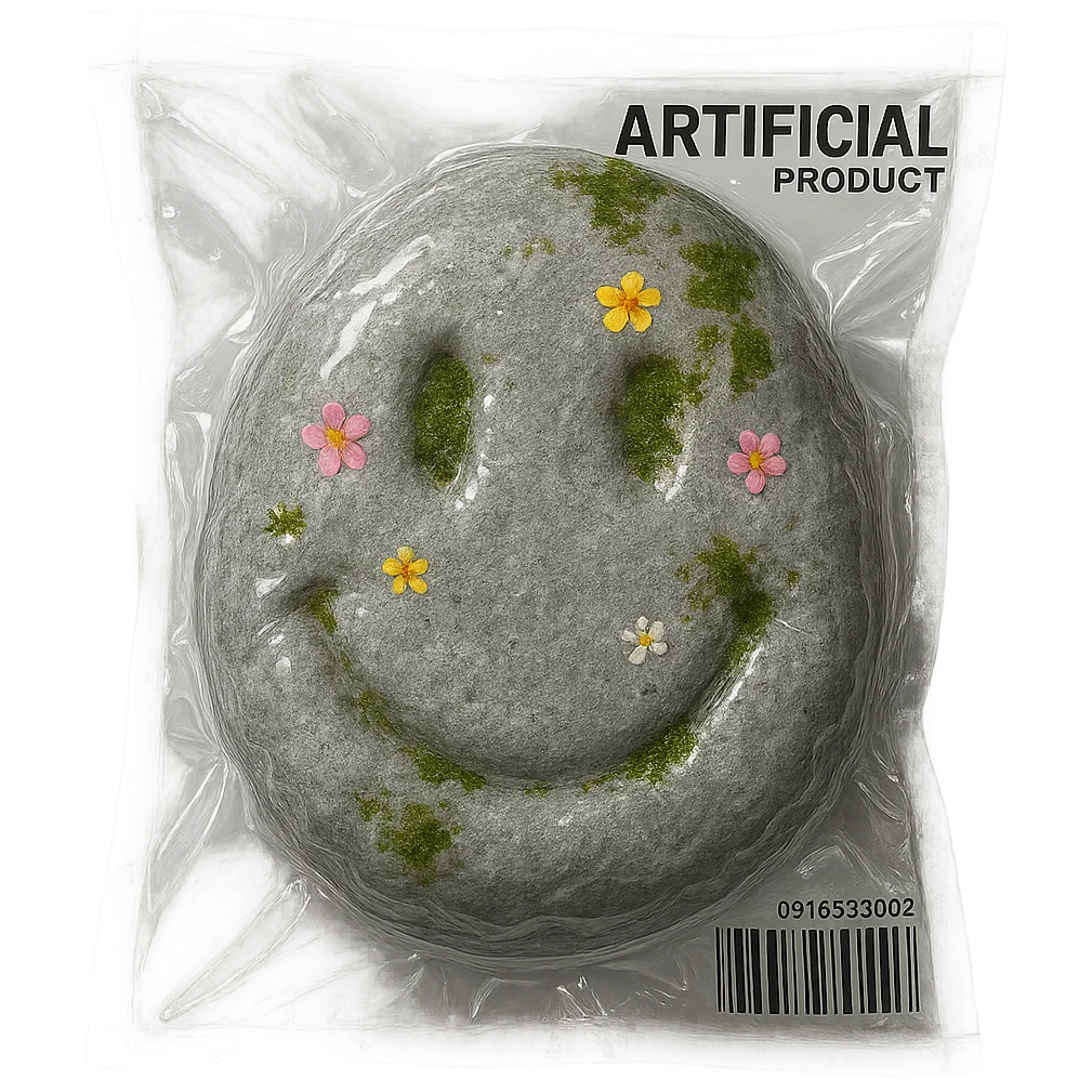 large light gray stone with scattered small colorful flowers and patches of green moss, glossy and puffy emoji