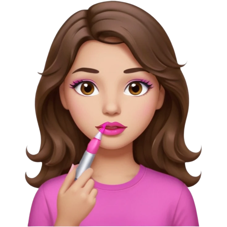 girl with long wavy brown hair, brown eyes, light to medium complexion, in a pink shirt, pink lips, long lashes, puckered lips, putting on lipstick emoji