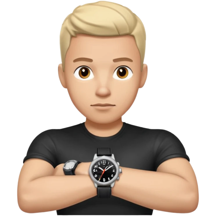 man wearing a black strap watch on his wrist portrait, head and shoulders only, wrist clearly visible, black leather strap watch worn on arm, confident expression, 3D cartoon, mobile game icon style, clean background, no text, no watermark
 emoji