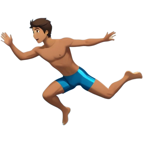 A diver mid-air, plunging from a high cliff into the sparkling ocean below. The background features rugged cliffs, clear blue water, and a bright sky, emphasizing the excitement and danger of the sport with a sense of freedom and adventure. emoji