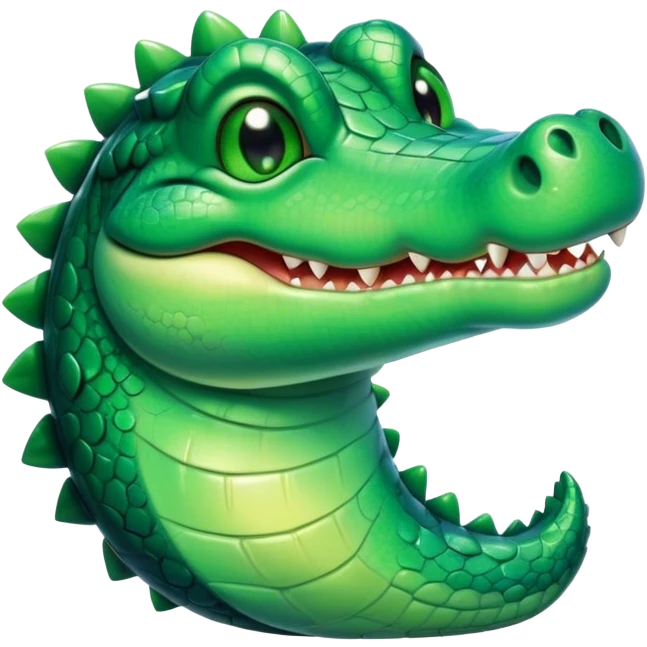 Cinematic Cute Crocodile Portrait Emoji, Head tilted playfully and inquisitively, featuring a smooth, glossy emerald-green hide with subtle textured scales and round, sparkling eyes filled with curious mischief, Simplified yet irresistibly adorable features, highly detailed, glowing with a warm, friendly glow, high shine, affectionate and surprisingly charming, stylized with a touch of wild whimsy, bright and endearing, soft glowing outline, capturing the essence of a mischievous yet lovable crocodile, so playful it feels like it could snap out of the screen into your arms! emoji