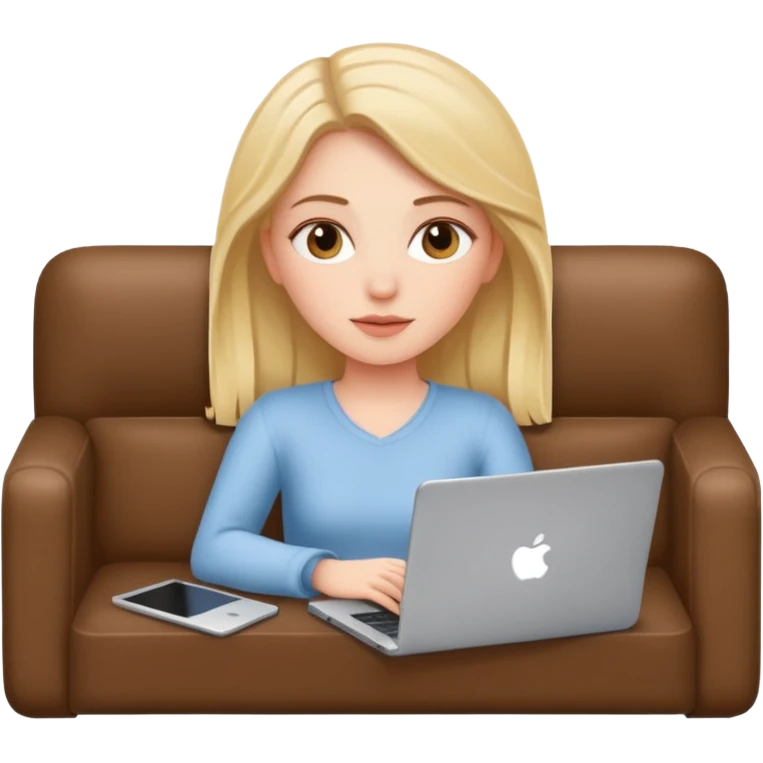 A white girl is lying on a sofa with a laptop emoji