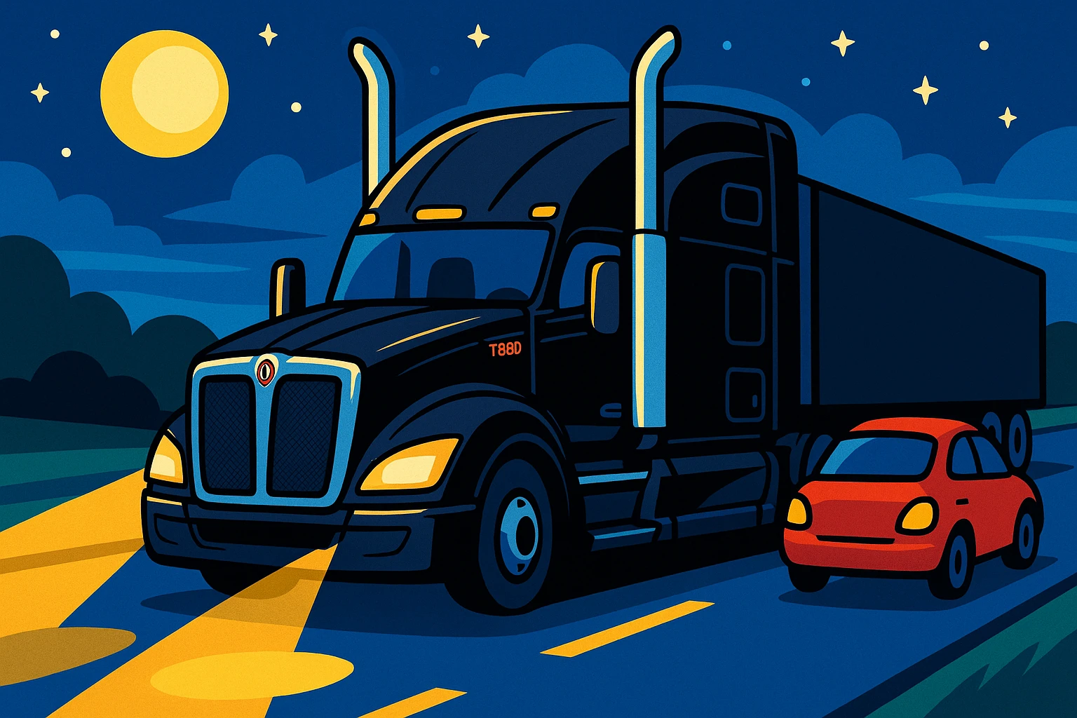 2026 Black Kenworth T680 Sleeper semi truck with tall chrome muffler stacks, headlights on, driving down a road with a car in front, vibrant cartoon style, night scene emoji