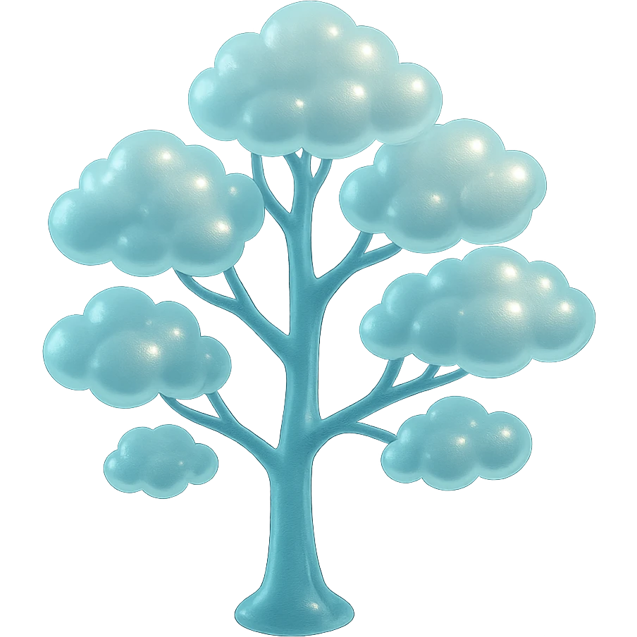 one tree with many branches and a white trunk, crown made of small very bright white fluffy convex clouds, matte glass style emoji