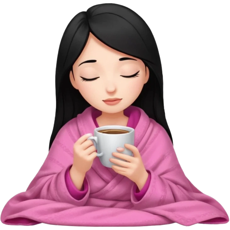 black haired girl inside a pink blanket sipping coffee with eyes closed and lashes emoji