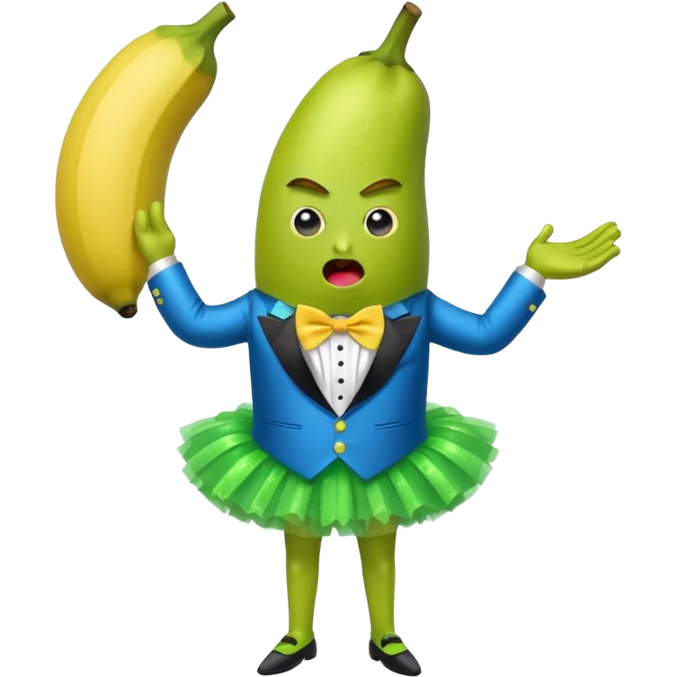Angry blue banana fruit wearing a sparkly lime green tuxedo and tutu emoji