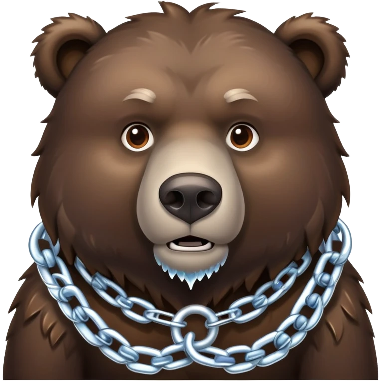 Intimidating dark brown bear on four legs with heavy ice chain around neck, frozen chain links with icicles, serious expression emoji