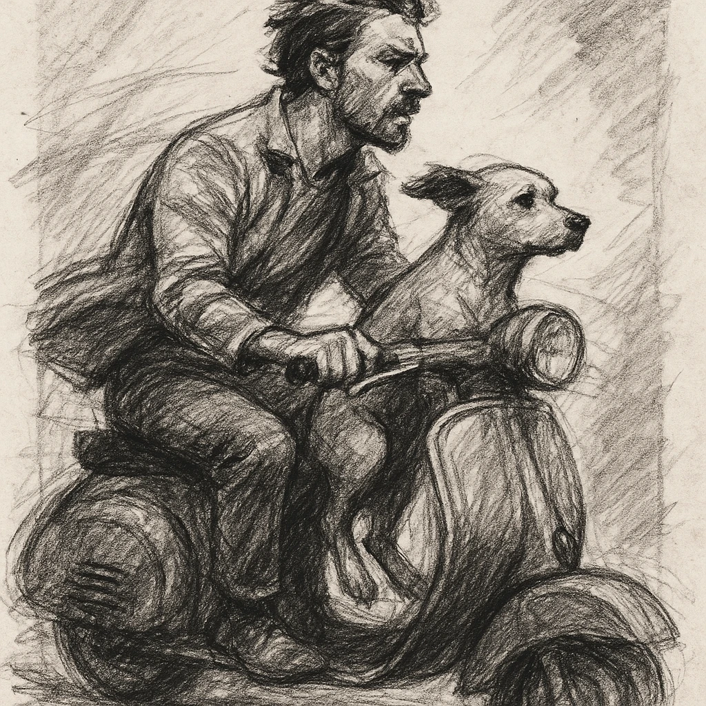 man and his pet dog riding a vespa emoji