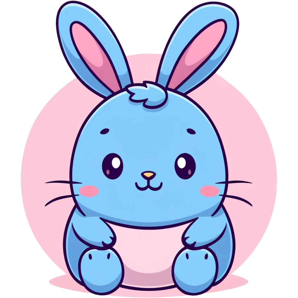 A fat bunny character in Sanrio style like Hello Kitty, large head with big round eyes, blushing cheeks, small mouth, minimal facial features, tiny spikes, pastel pink and blue colors, clean bold outlines, rounded shapes emoji