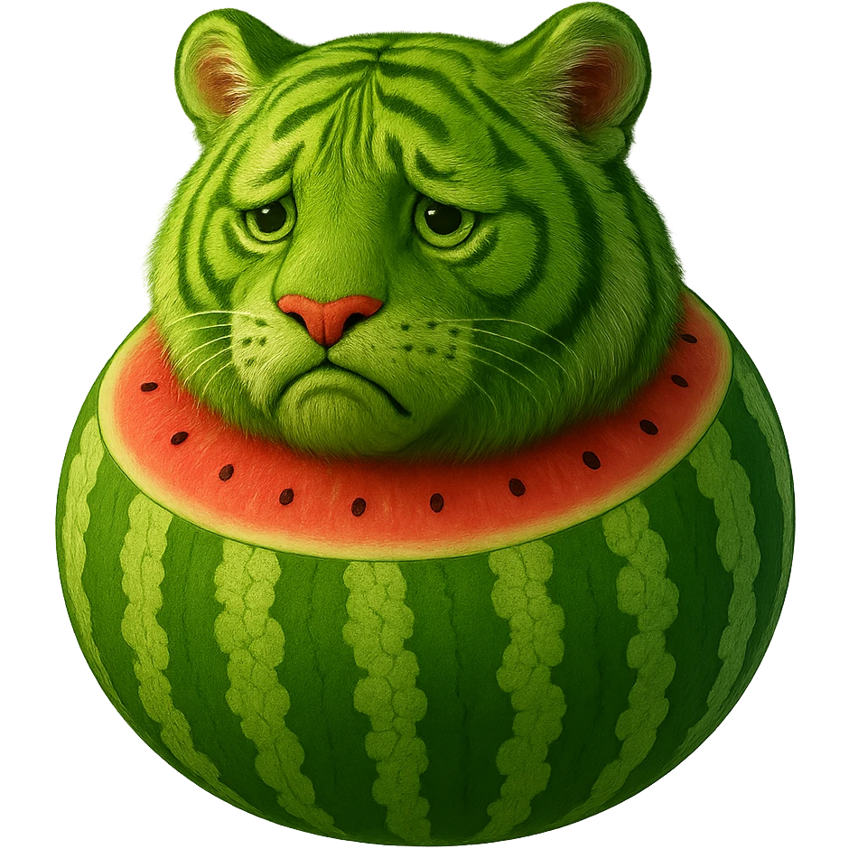 Edit the watermelon tiger character to have a sad expression. Keep the transparent background. emoji