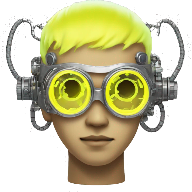 Neon yellow short hair Asian male cyborg head with silver steampunk goggles and circuits emoji