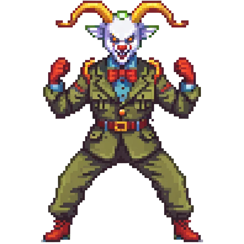 evil clown soldier with billy goat horns, fangs, pointed ears, leisure suit, fighting stance emoji