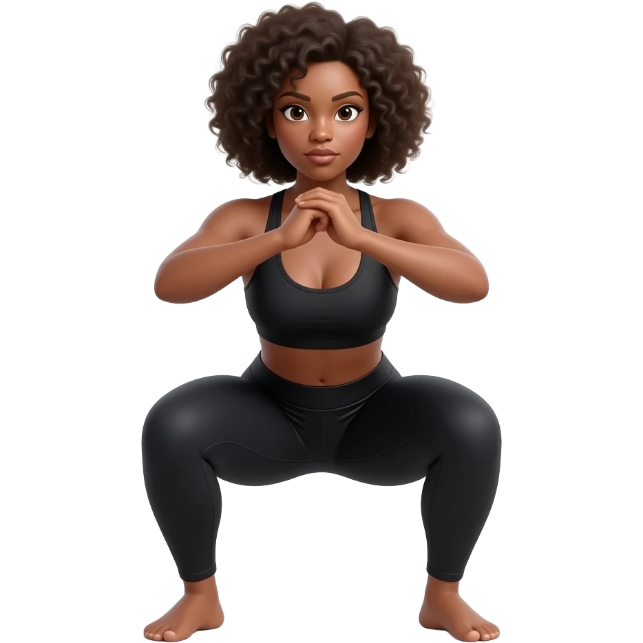 Light-brown Black woman, afro hair, wearing black sports bra and leggings, performing SUMO SQUAS , full body, toned glutes and legs, strong posture, realistic fitness style, clean background, soft lighting. emoji