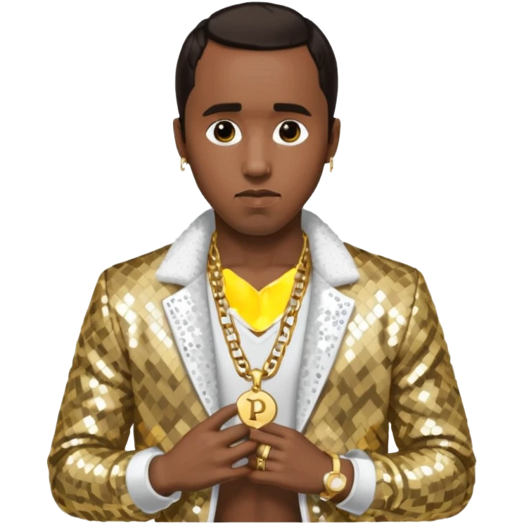P. Diddy with dark brown hair, white sequin jacket, shirtless with necklace emoji