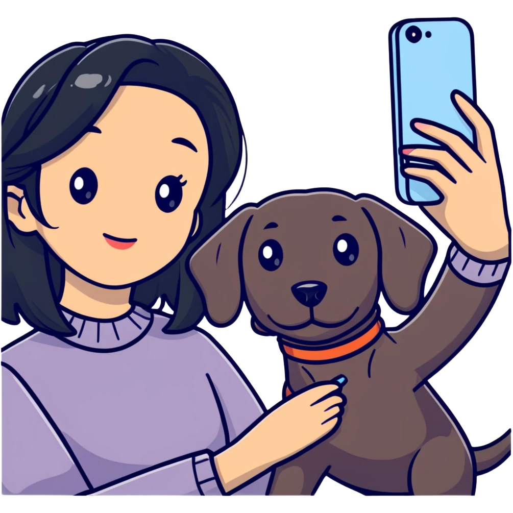 black hair asian girl taking selfie with black dachshund emoji